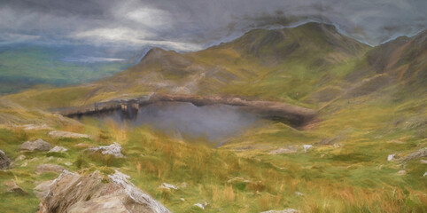 Digital painting of Stwlan Dam and the Moelwyn mountains.