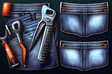Happy labor day, Tools and instruments in blue jeans pocket. Generative Ai