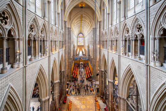 Nave of Westminster Abbey with Gothic style. The church is located next to Palace of Westminster in city of Westminster in London, England, UK. This church is UNESCO World Heritage Site since 1987. 