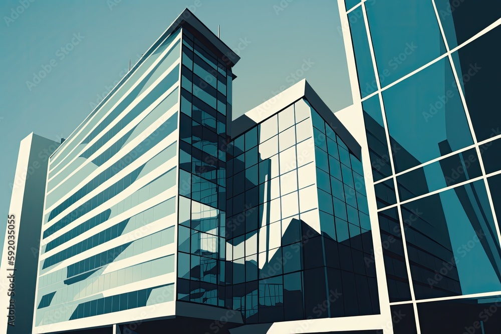 Poster modern skyscraper with a glass façade and numerous windows. generative ai