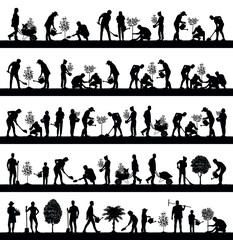 Group of people gardening various poses silhouette set collection. People planting trees outdoor different poses silhouette set.