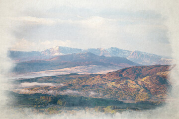 A digital watercolour sunrise painting of Cadair Idris.