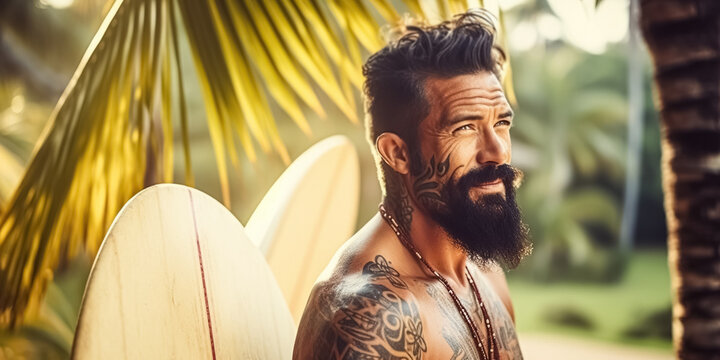 Sexy Bearded Surfer Man With Surfboard On The Beach. Handsome Young Male Athlete With Tattoo Holding Surf Board With Wet Hair On Summer Beach Sport Holiday. Surfing Lifestyle. Digital Ai Art	