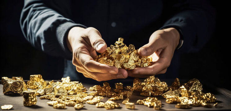 Men use handles of pure gold minerals found in gold mines. A bunch of gold ore on a man's palm. digital art