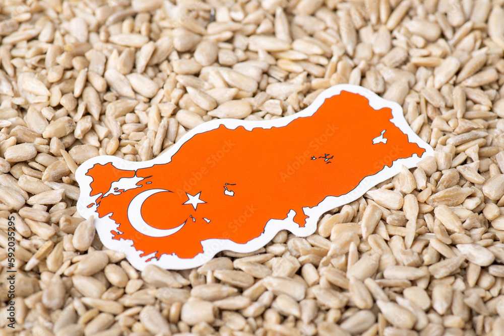 Poster flag and map of turkey on sunflower seeds. origin of grain, growing sunflowers in turkey concept