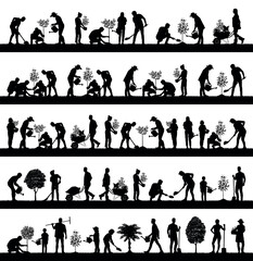 People planting trees various poses silhouette set collection. Family gardening and planting trees outdoor different poses silhouette set.