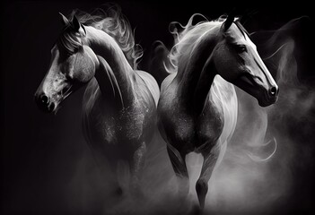 Naklejka na ściany i meble Smokey horses , wildlife, black and white art design. Generative AI