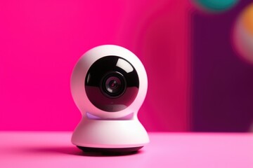 A white webcam on ready to record on a colorful pink studio background with copy space Generative AI