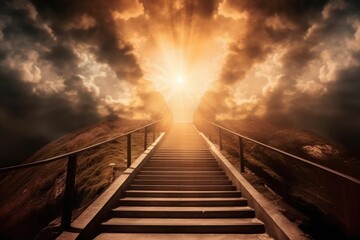 Fototapeta premium ascending stairs to the sun. bright heavenly light background Generative AI