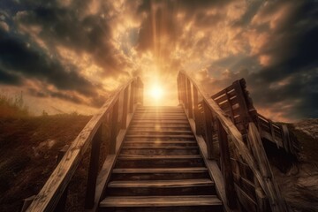 ascending stairs to the sun. bright heavenly light background Generative AI
