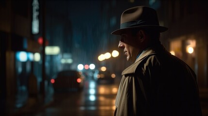 Detective turned back to us in foreground with a complete view on Generative AI