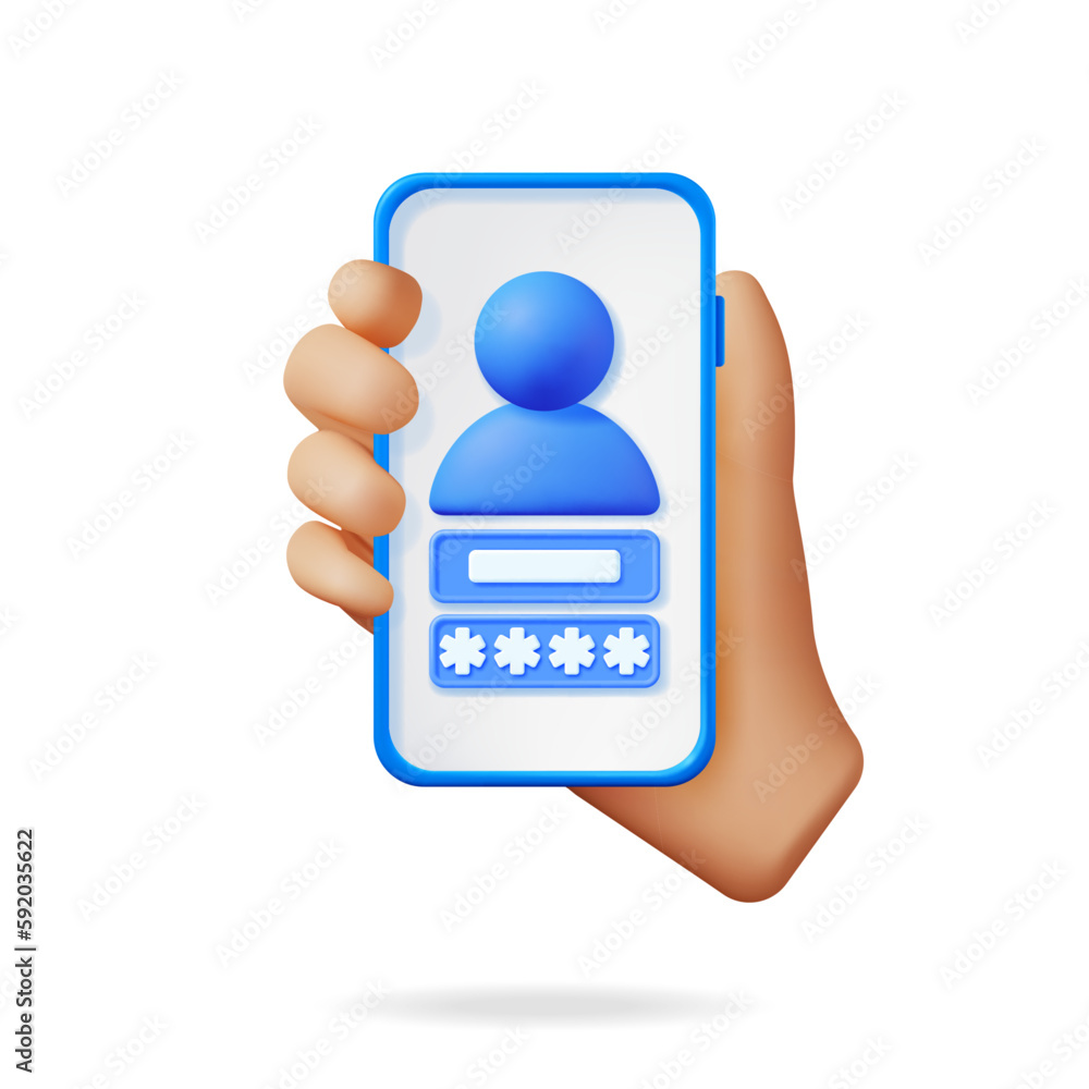 Poster 3d user login form page in smartphone in hand. render password hidden stars in sign in account. comp