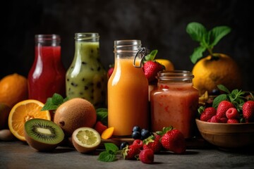 Fototapeta na wymiar smoothies and juices made from a variety of fresh fruits from the tropics. Generative AI