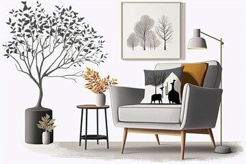 cozy living room with indoor tree and modern furniture. Generative AI