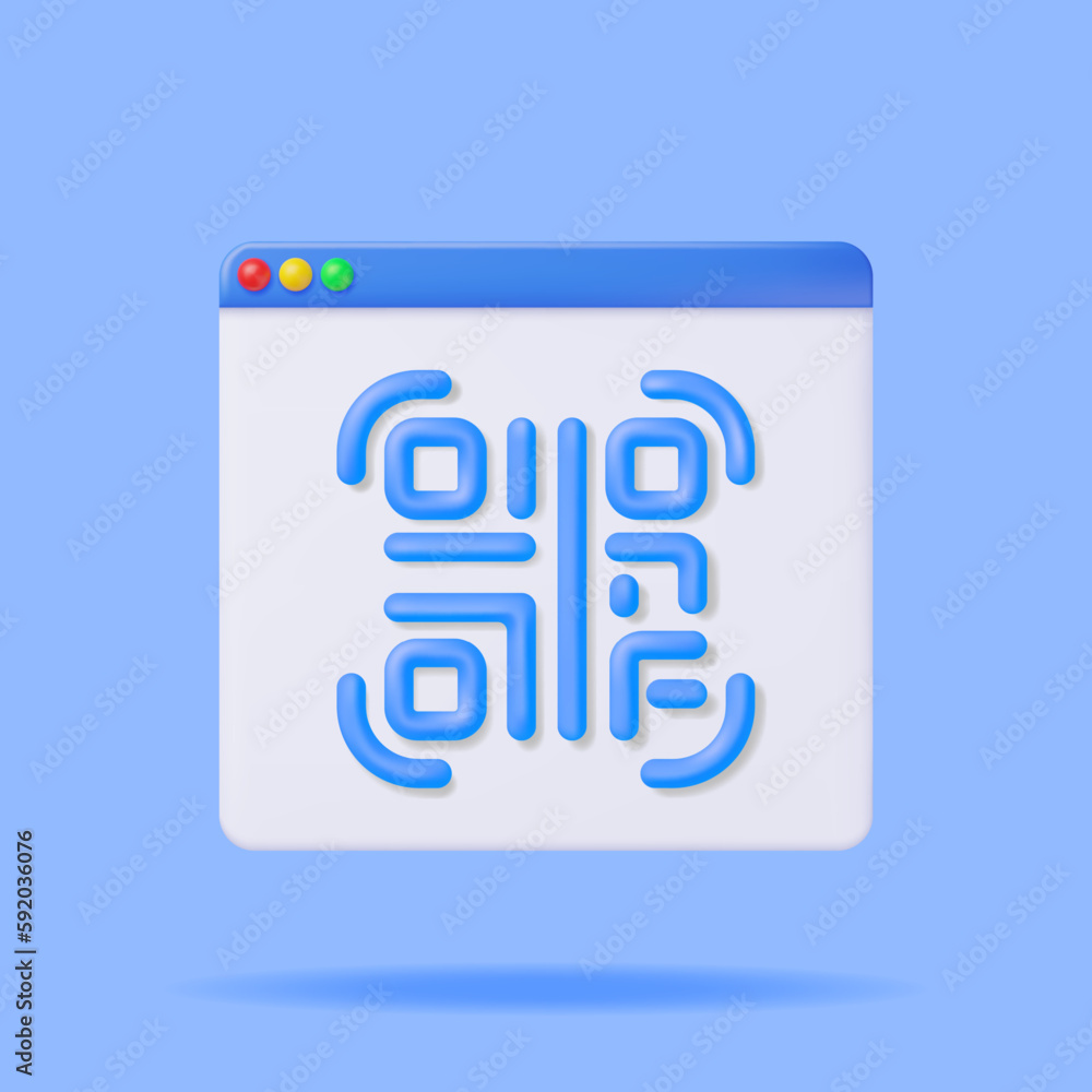Poster 3d qr code icon in browser window isolated. render modern qr code. online shopping. advertisement, m
