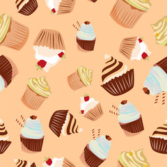 Vector seamless pattern with cakes. Holiday background for birthday party. Backdrop with cupcakes and muffins. Endless texture for kids clothes.