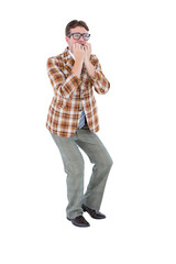 Geeky hipster with hand up 