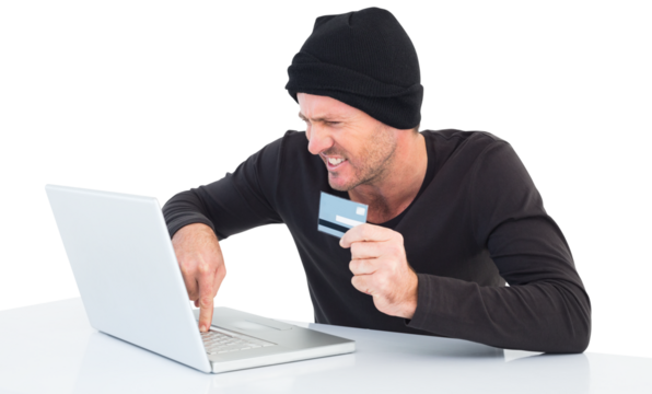 Hacker using laptop to steal identity - Powered by Adobe