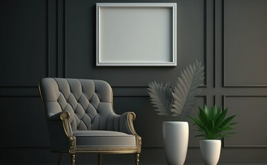 wooden picture frame mockup on wall in modern interior living room, Empty picture frame mockup on a wall vertical frame mockup