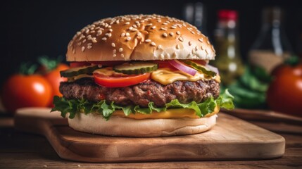 Big tasty cheeseburger on wood table in kitchen. American double meat burger presentation. Fast food web banner. Restaurant and cafe beef meal ad. Generative AI food