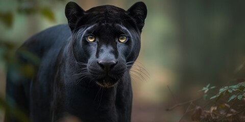 Naklejka na ściany i meble Wild black puma portrait. Panther look at camera. Big wild cat face. Jaguar in green forest. Generative AI animal