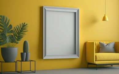 Blank wooden picture frame mockup on yellow wall in modern interior living room, Empty picture frame mockup on a wall vertical frame mockup