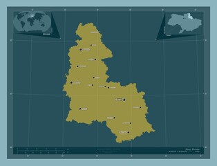 Sumy, Ukraine. Solid. Labelled points of cities