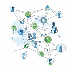 Networks and working groups in a comic style with blue und green colors on white background, thumbnail set, Generative AI