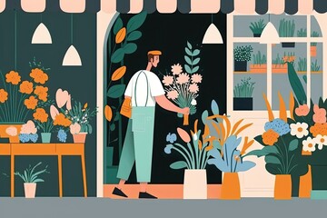 man standing in front of a colorful flower shop with bouquets and plants on display. Generative AI