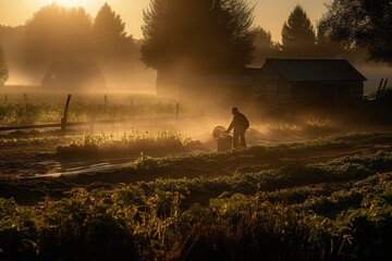 A serene, early morning vegetable harvest, capturing the dew-covered plants, the soft, golden light of sunrise, and the peaceful atmosphere of a farm before the day work begins. Generative AI.