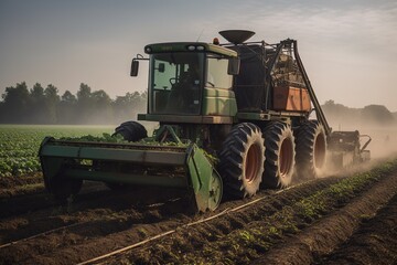 Fototapeta premium Capturing the process of harvesting vegetables with the help of machinery, set against a backdrop of neatly organized rows of crops on a picturesque farm. Generative AI