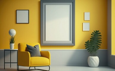 blank picture frame mockup on a wall vertical frame mockup in modern minimalist interior with plant in trendy vase on wall background, Template for painting, photo or poster
