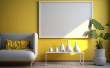 Stylish interior of modern living room with light wall, Blank wooden picture frame mockup on yellow wall