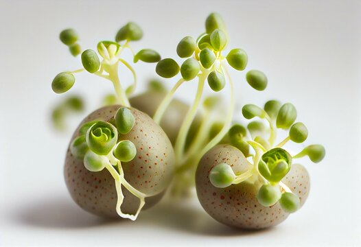 macro food image of green lentil sprouts on a white background. French green lentil sprouts, often known as Puy lentils. Healthy microgreen Lens esculenta puyensis seedlings and young. Generative AI