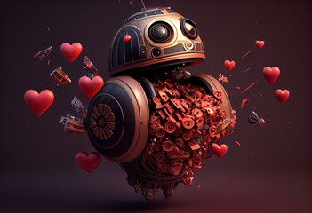 Valentine's day.  Droid love with flying hearts. Illustration created with AI. Generative Ai technology