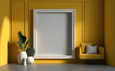 Stylish interior of modern living room with light wall, Blank wooden picture frame mockup on yellow wall