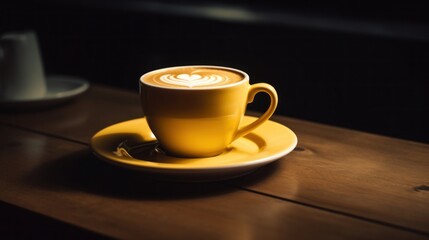 Obraz premium Evening coffee in yellow mug. Latte art cappuccino banner. Hot drink in cozy cafe. Generative AI image
