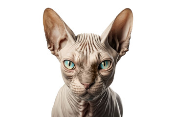 Portrait of sitting sphynx cat. Beautiful hairless pet face close up isolated on white background. Generative AI