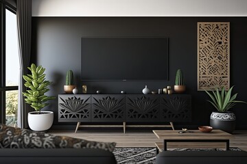 modern living room with black walls and a large flat screen TV as the focal point. Generative AI