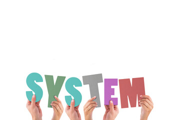 Colorful alphabet spelling system held up by people 