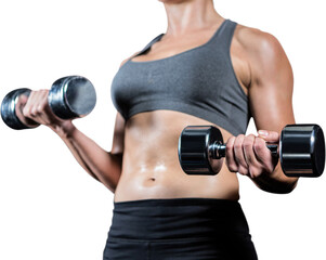 Fototapeta na wymiar Muscular woman lifting heavy dumbbells