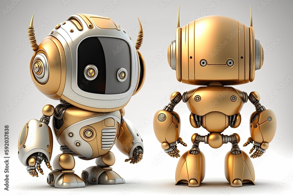 Poster two futuristic robots standing side by side in a technological setting. generative ai