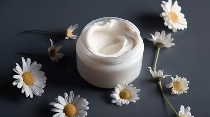 Fototapeta na wymiar chamomile cosmetic cream with flowers on a light background. Generative AI