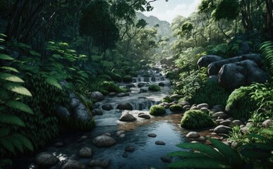 Creek in rain forrest, Southeast Asian rainforest with deep jungle,