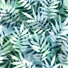 Leaves pattern. Watercolor leaves seamless vector background, textured jungle summer print