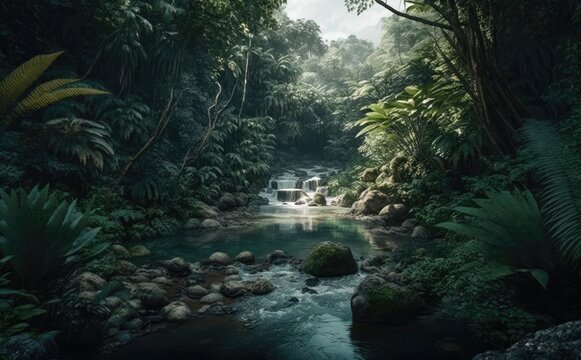 Creek in rain forrest, Southeast Asian rainforest with deep jungle,
