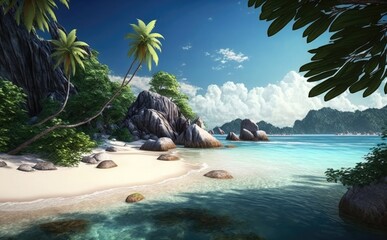 Fototapeta na wymiar beach panorama, Palms on empty tropical sand beach, Summer tropical Beach, vacation background
