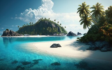 Fototapeta na wymiar Beautiful sea beach on a tropical island, Palms on empty tropical sand beach