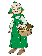 A girl with a basket in a green dress