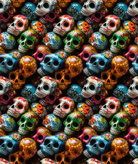 Fototapeta na wymiar AI generated pattern of colorful skulls with different colors. Halloween background